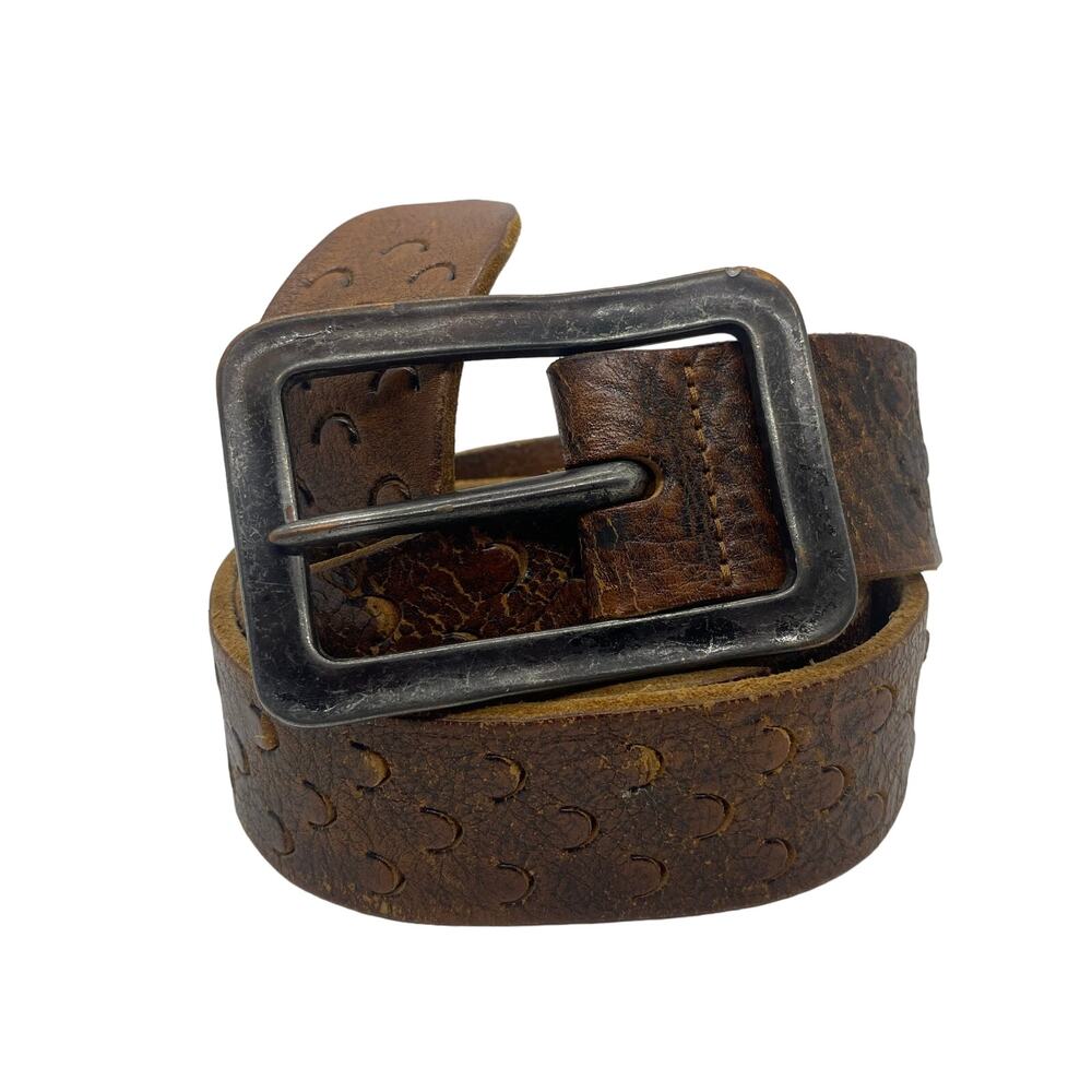Brown Leather Belt Embossed Crescent Moon Design Distressed Buckle